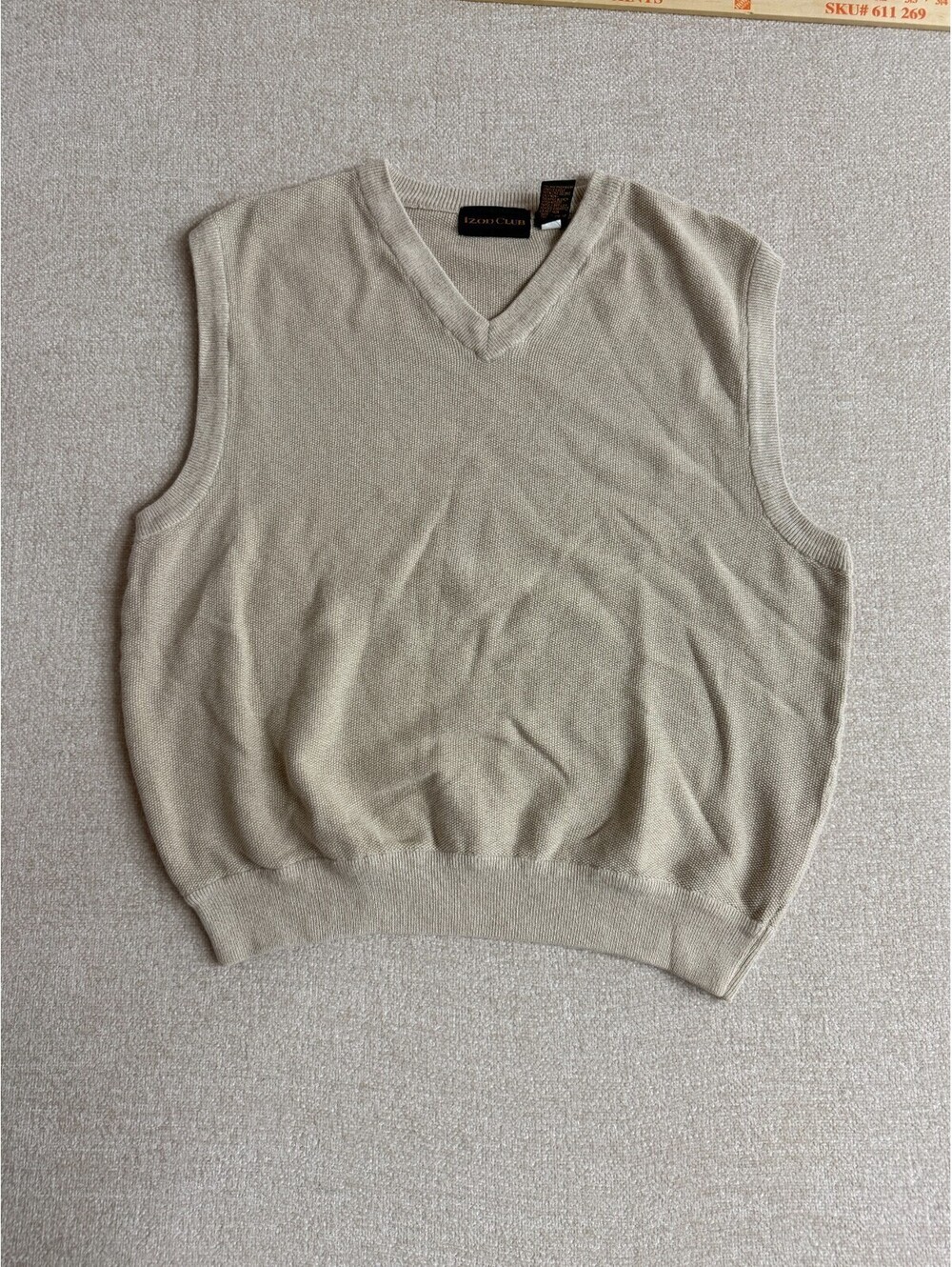 Izod Club Mens Beige Tan V-Neck Sweater Vest Size L Large 100% Cotton